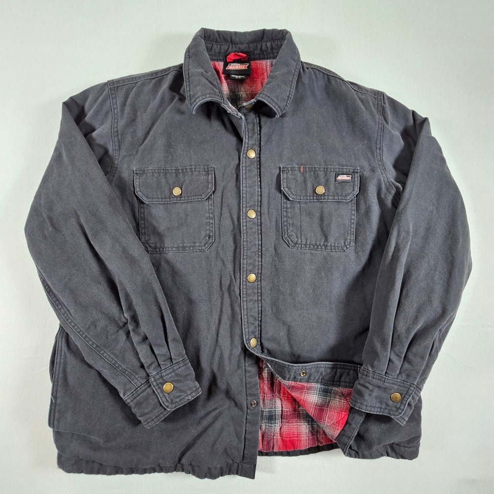 Genuine Dickies Shirt Jacket Mens XL Black Canvas Flannel Lined Workwear Snap